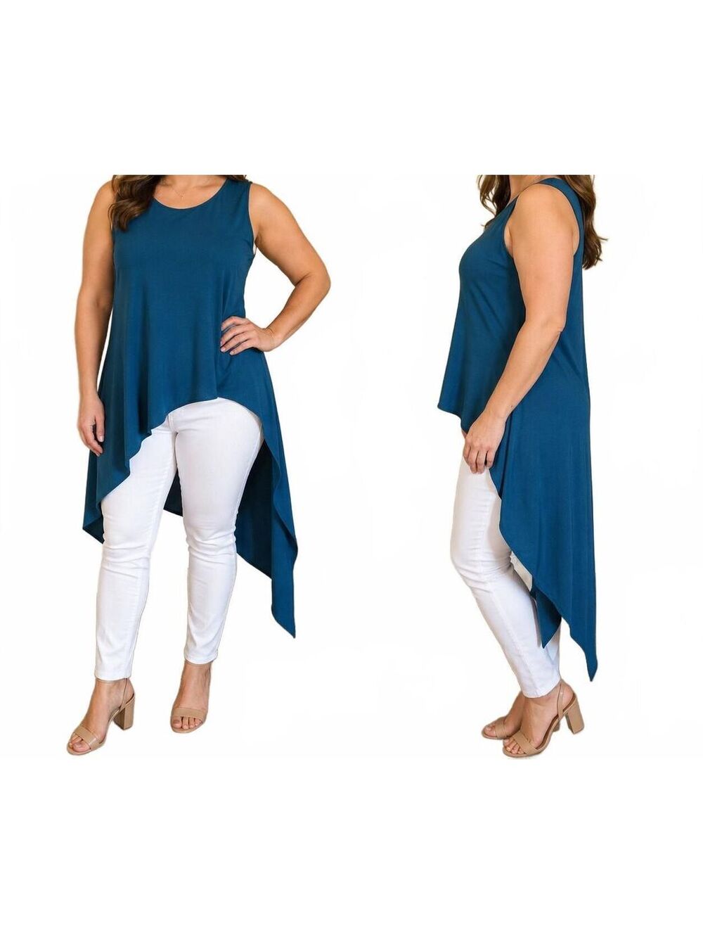 Bebe blue sleeveless top featuring a dramatic asymmetrical high-low hemline.